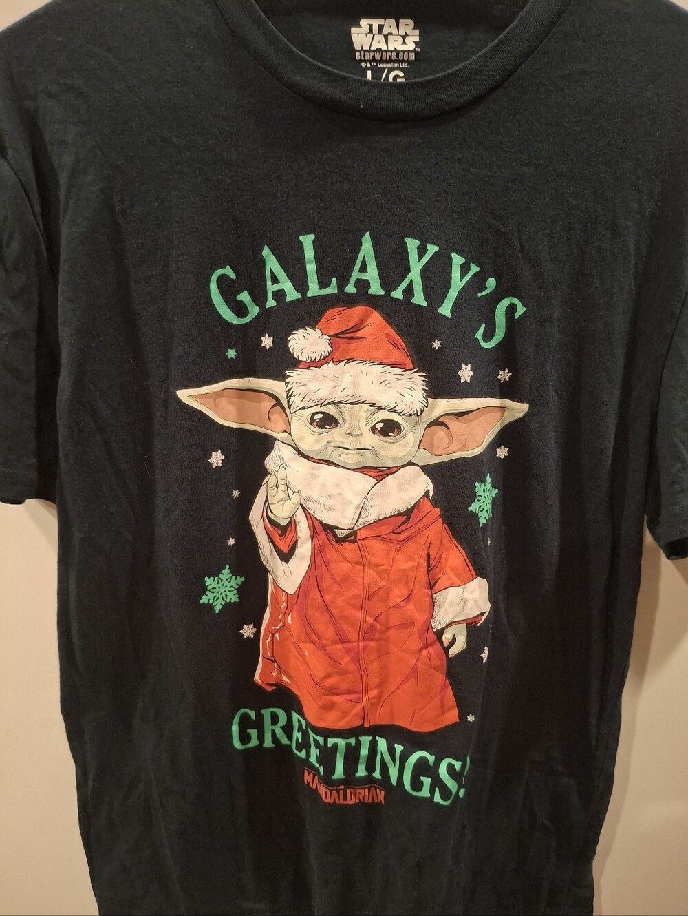 Star Wars Black Tee with Red & Green Holiday Grogu Graphic